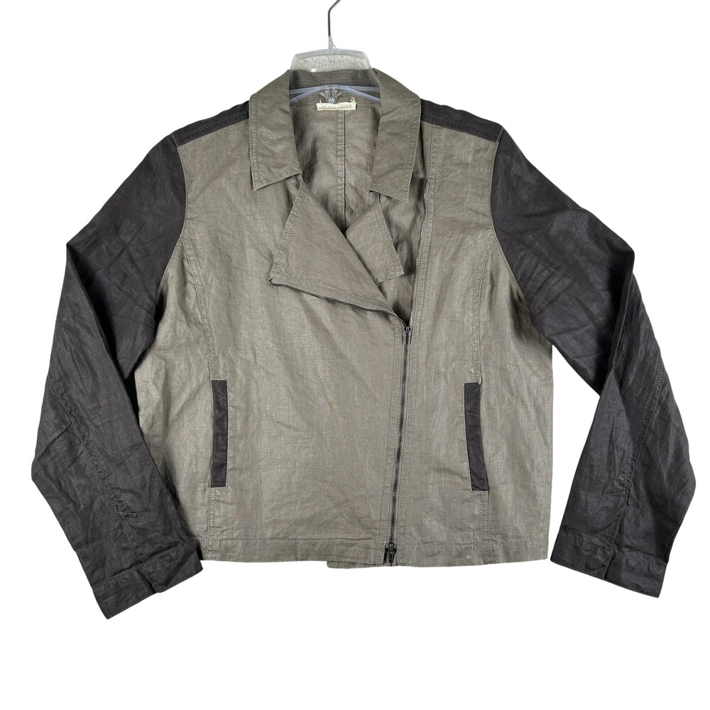 Eileen Fisher Jacket Womens Large Organic Linen Moto Zip Brown Colorblock